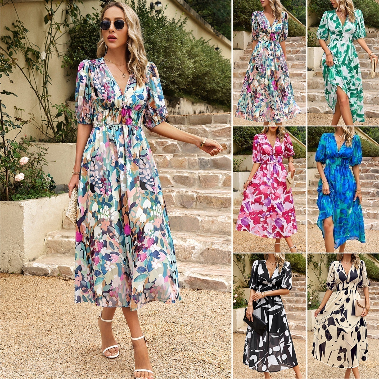 🔥Limited Time 50% OFF🔥Elegant waist V-neck Floral Printed Dress