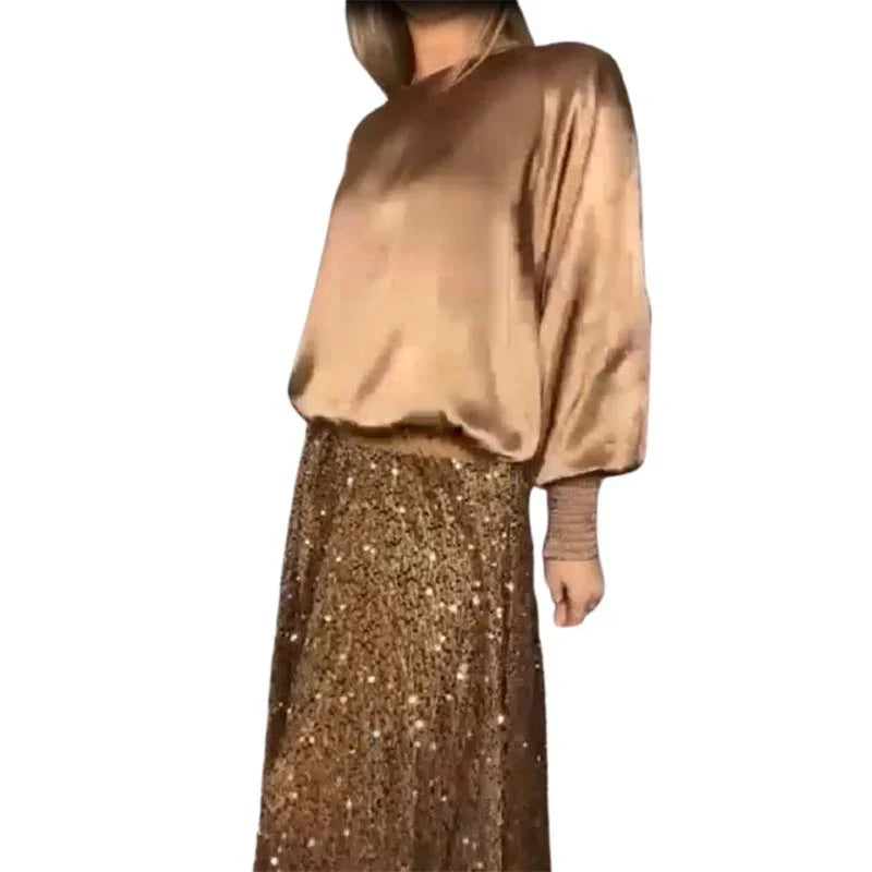 🔥Women's Long Sleeve Top & Sequin Maxi Skirt Two-Piece Set