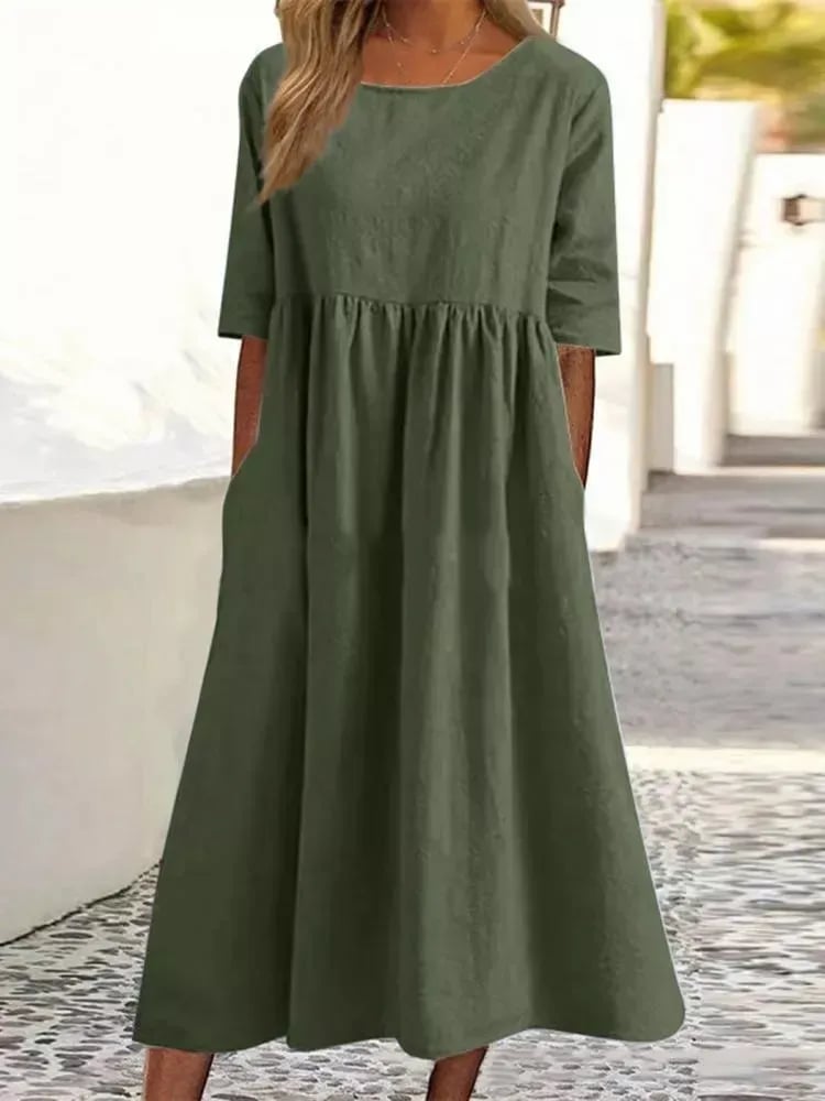 💝2025 NEW SALES - 50% OFF💝Women's Casual Basic Outdoor Crew Neck Pocket Smocked Cotton Dress