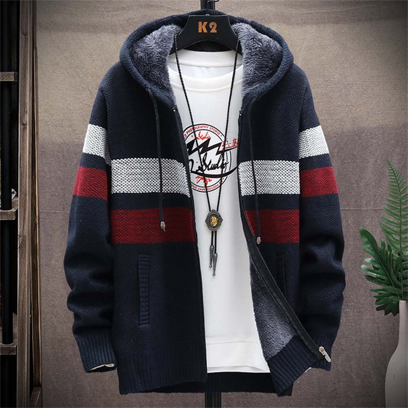 Men's striped knitted jacket with hood