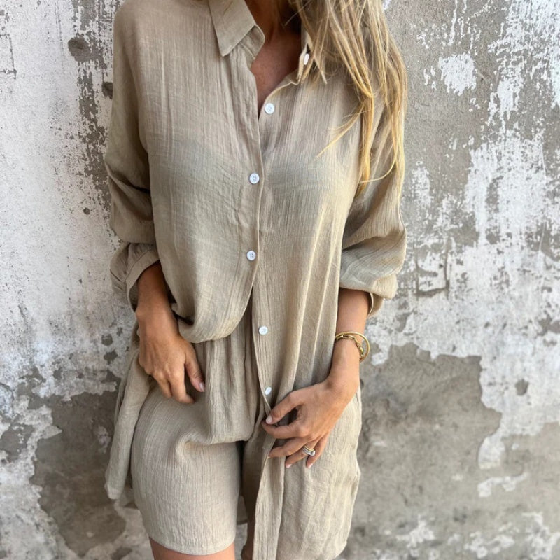 ✨Spring Specials✨Women's Casual Long Sleeve Shirt & Shorts Two-Piece Set