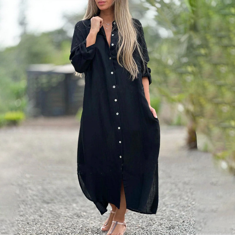 Lapel Long Sleeve Button Down Shirt Dress