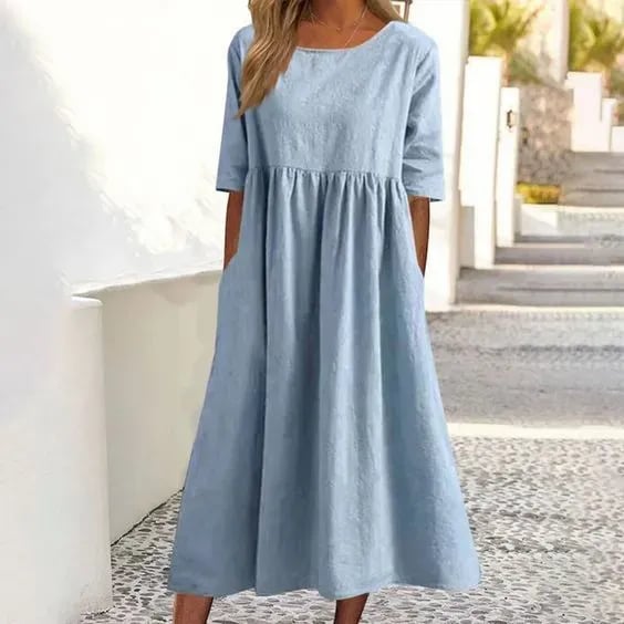 💝2025 NEW SALES - 50% OFF💝Women's Casual Basic Outdoor Crew Neck Pocket Smocked Cotton Dress