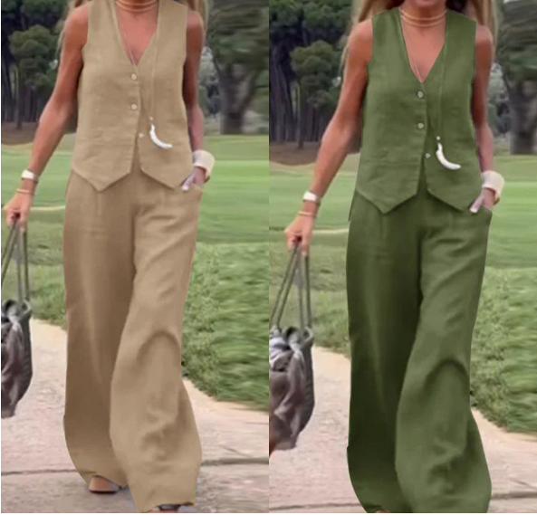 💕Solid Color Button Down Vest and Wide Leg Pants 2 Piece Set for Women