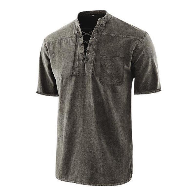 Men Gothic Retro T-Shirt, Lace-up V-neck, Linen Pocket