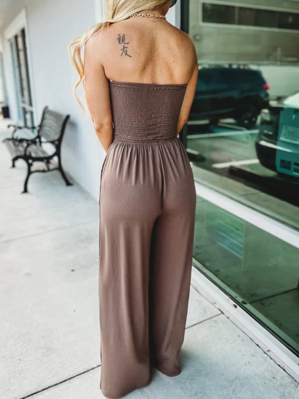 🔥Off Shoulder Solid Color Smocked Jumpsuit