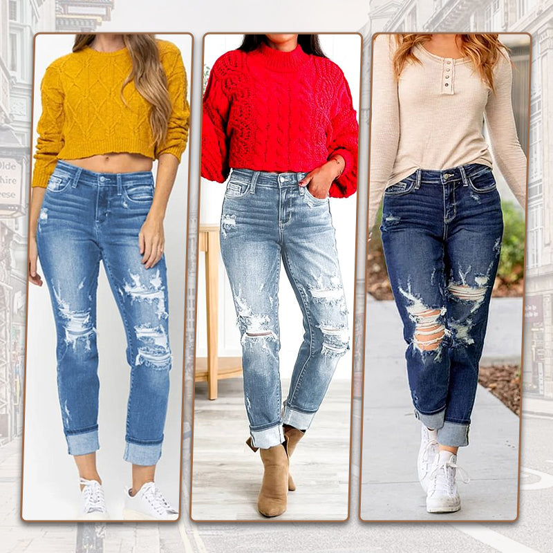 🔥2025 NEW SALES - 49% OFF🔥Tummy Control Distressed Cuffed Boyfriend Jeans