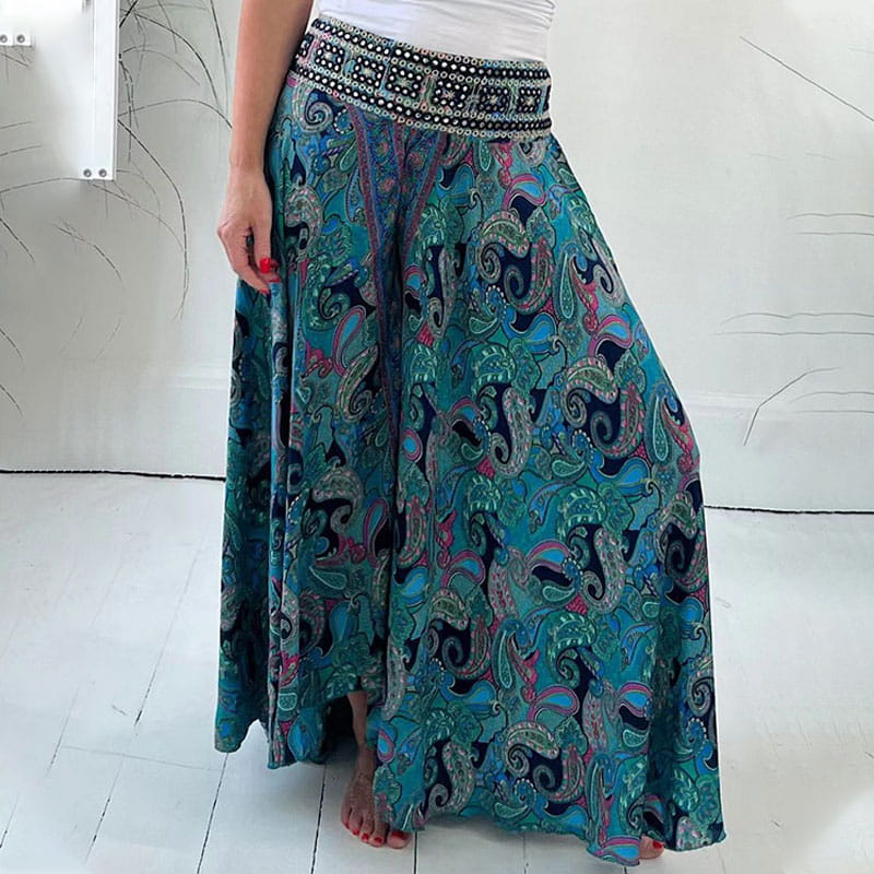 Ethnic Paisley Print Elastic Patchwork-Waist Lightweight Pants