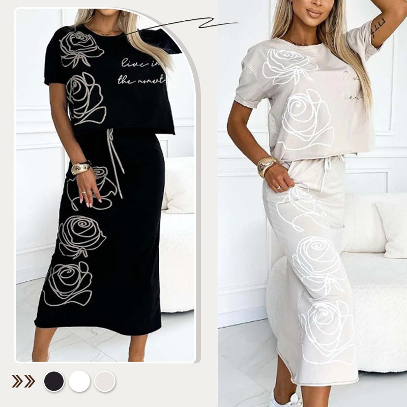 🎉New Hot Sales - 50% OFF💕Women's casual two-piece floral T-shirt and mid-length skirt set