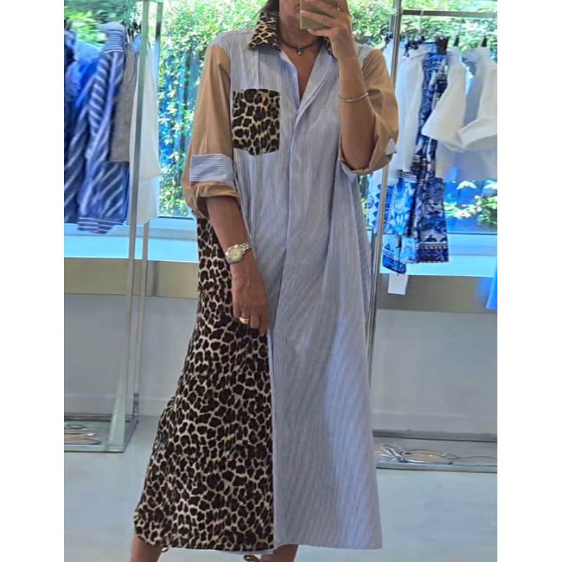 Women's Loose Leopard & Stripe Patchwork Shirt Dress