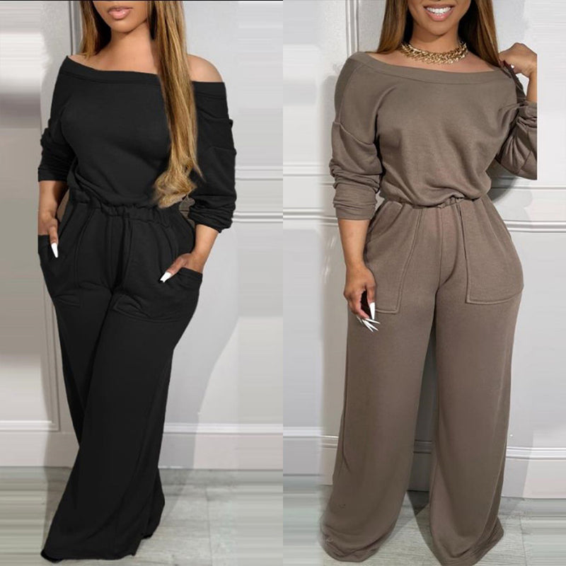 Off Shoulder V-Back Stretchy Waist Jumpsuit