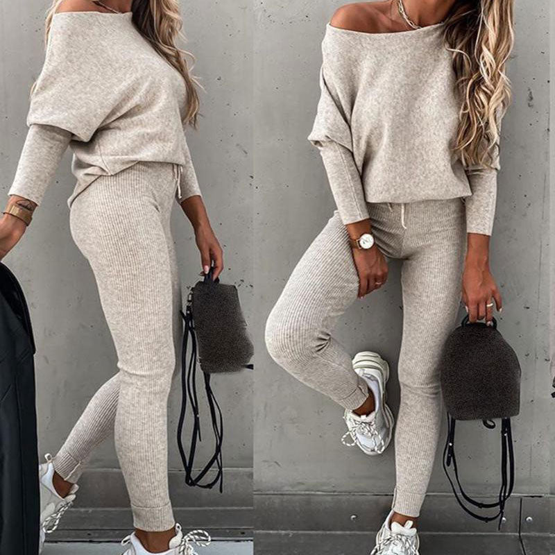 Off-Shoulder Long Sleeve Top with Drawstring Pants Set