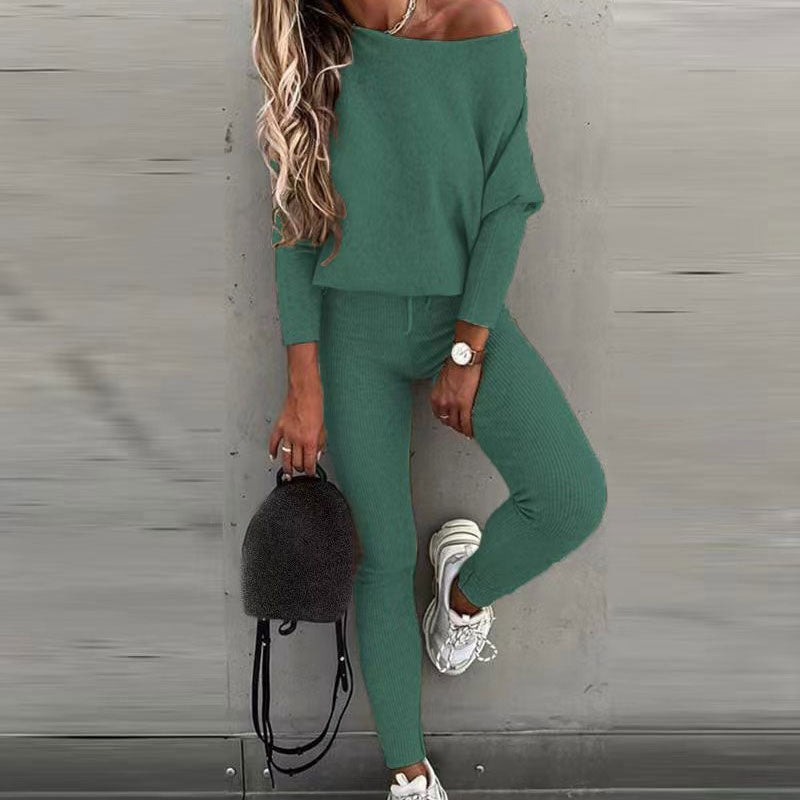 Off-Shoulder Long Sleeve Top with Drawstring Pants Set