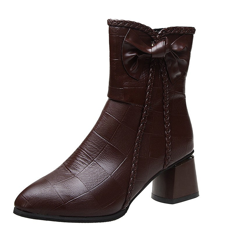 Nice gift*Women's Thick Heel Leather Bow Boots