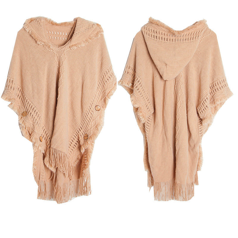 Women’s Elegant Hooded Knit Poncho Sweater with Fringe Trim