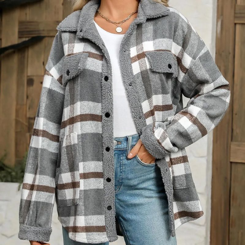 Women’s Casual Sherpa Plaid Long-sleeve Button-down Coat