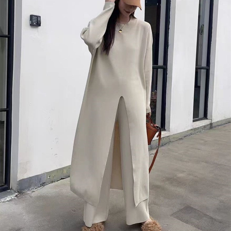 Knitted Slit Top ＆ Long Pants 2-Piece Set