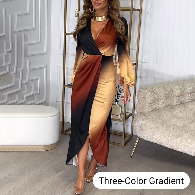 V-Neck Gradient Long Sleeve Split Dress