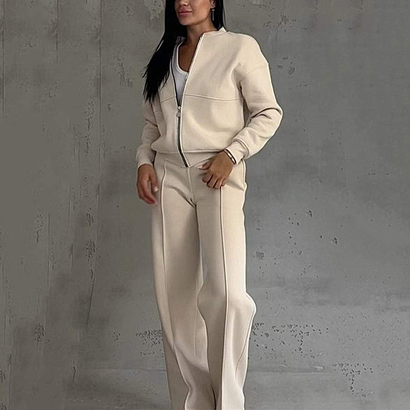 Women's Two-Piece Relaxed Fit Set - Zippered Jacket and Wide-Leg Pants