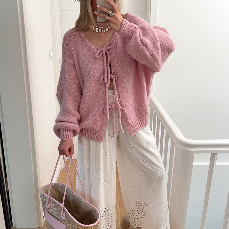 Women's Long Sleeve Tie Front Knit Sweater