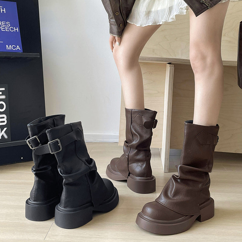 Vintage Mid-Calf Pleated Chunky Heel Boots