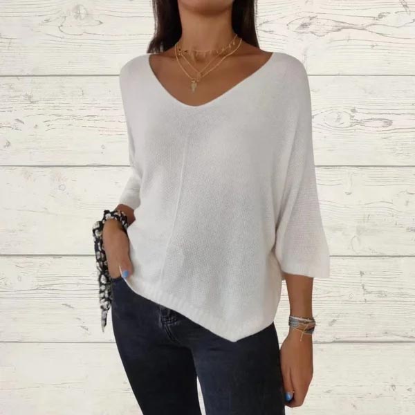 Women's Batwing Sleeve Solid Color V-Neck Knit Top