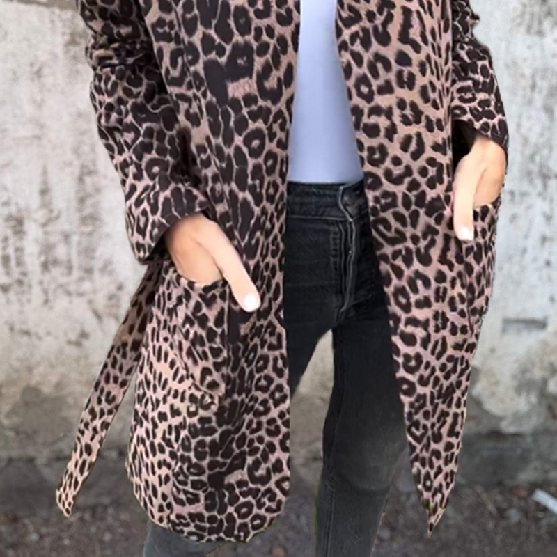 Women's Hooded Leopard Print Open-Front Trench Coat