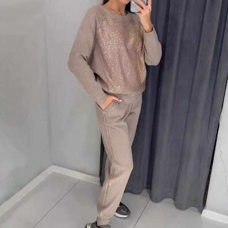 Women's Glitter Rhinestone Sweatshirt & Casual Pants 2 Piece Set