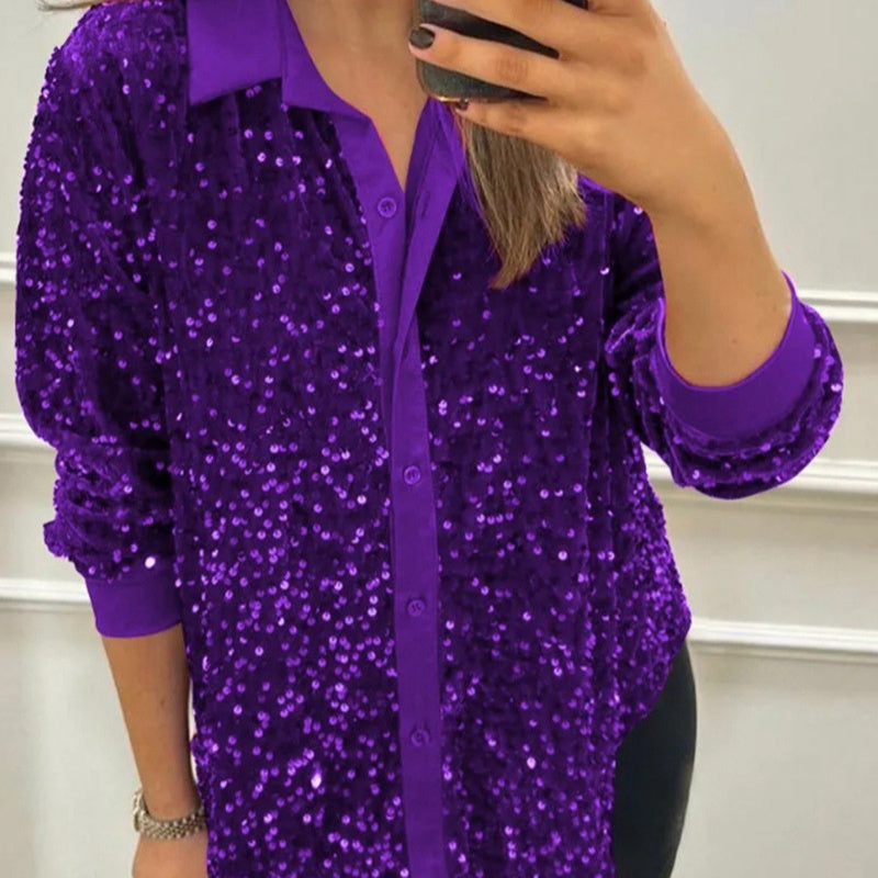 Women's Lapel Button-Down Sparkly Party Shirt