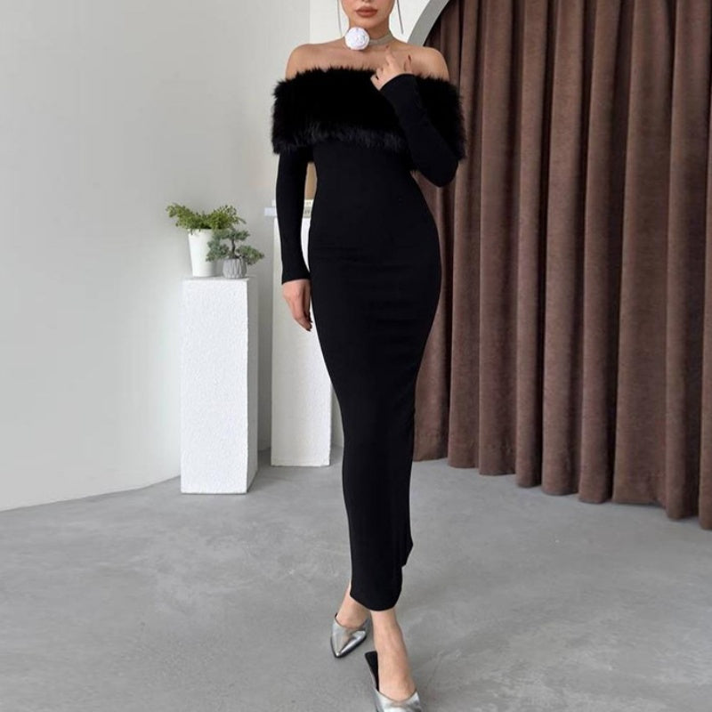 Women's Off-Shoulder Midi Dress with Plush Collar