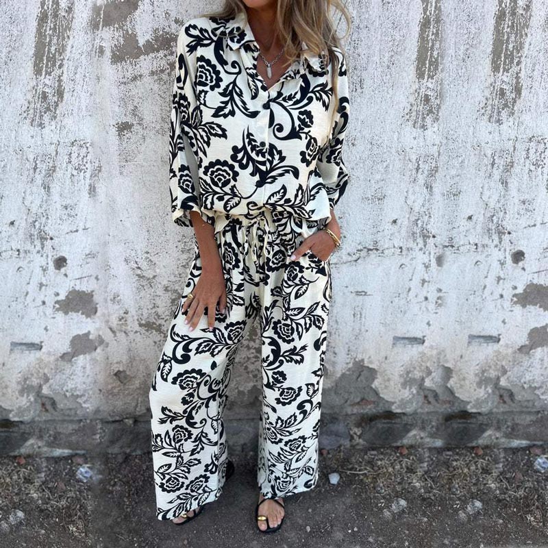 Women’s Stylish Print Lapel Button Shirt and Wide-leg Pants 2-piece Set