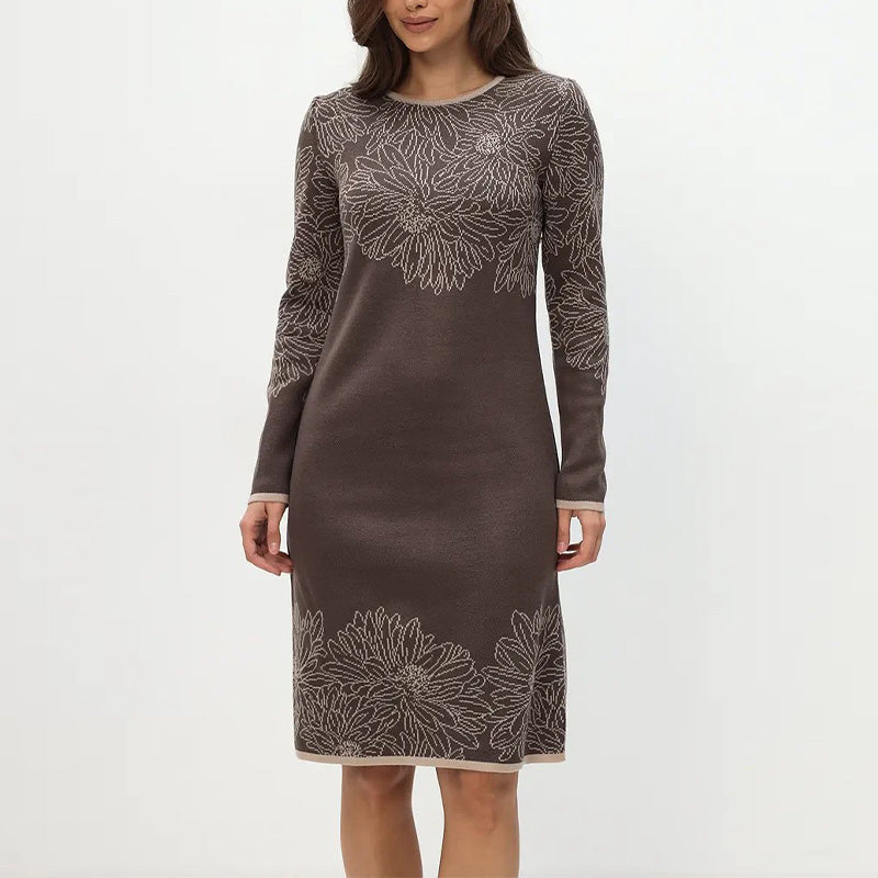 Printed Straight Long Sleeve Crew Neck Dress