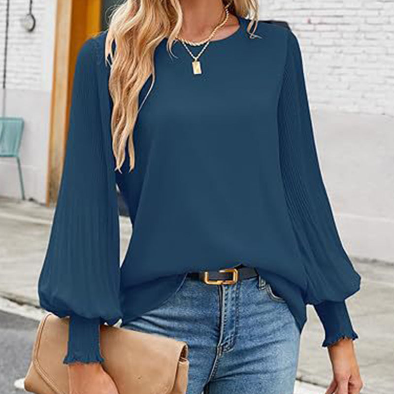 Women's Casual Crew Neck Pleated Lantern Long Sleeve Shirts