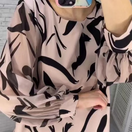 Women's Loose Print Round Neck Long-Sleeve Dress