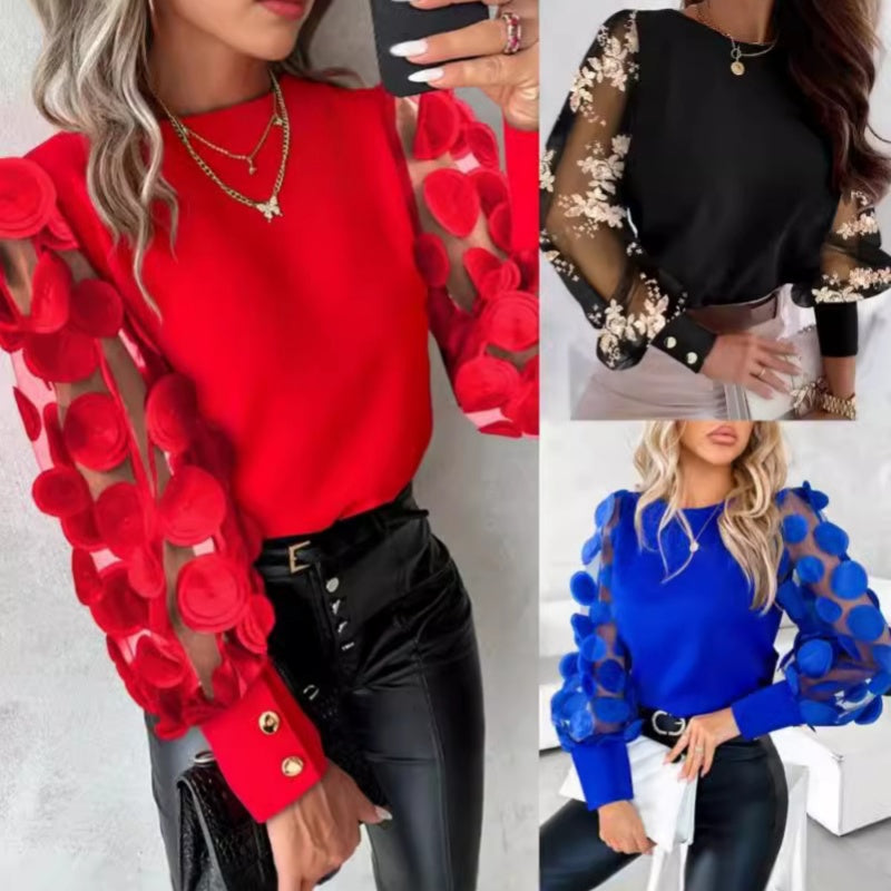 🔥2025 HOT SALE🔥 Women’s Flower Mesh Long-Sleeve Round Neck Tops