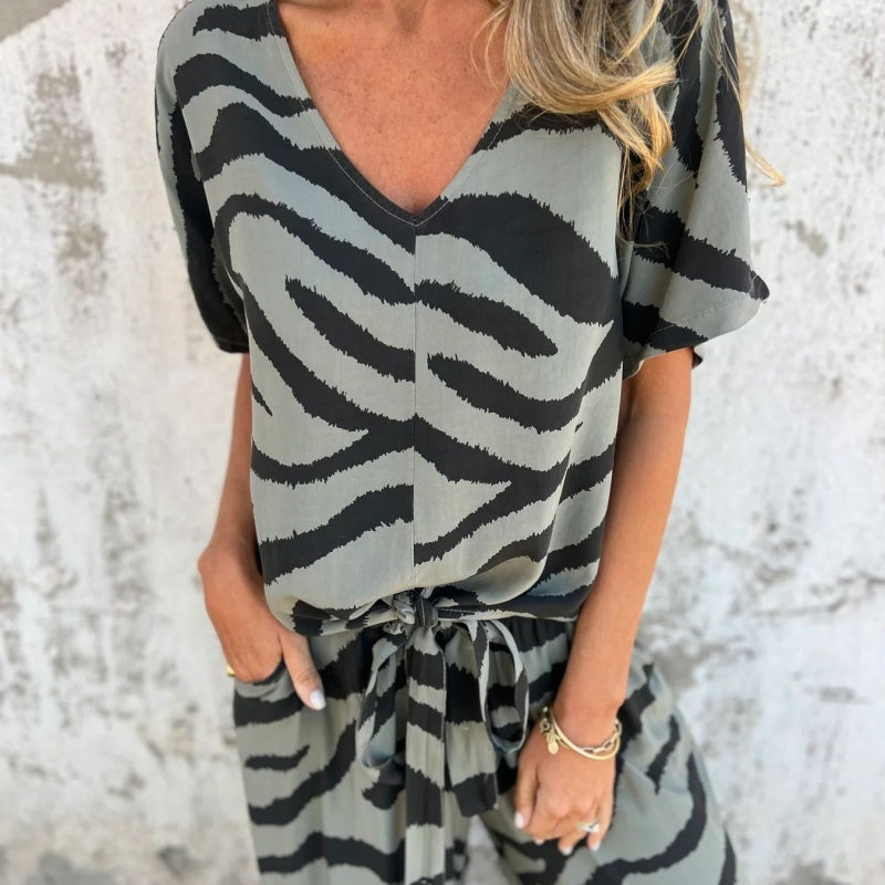 Women's Zebra Print V-Neck Top & Pants Two-Piece Set