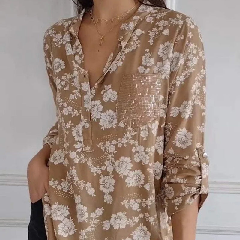 🌸Spring Specials🌸 Women's Floral Print Long Sleeve Blouse with Sequin Pocket