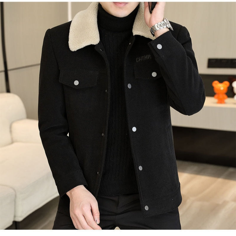 Men's Fashion Lapel Solid Color Button Thickened Jacket