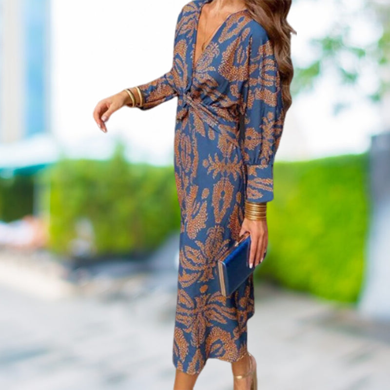 Deep V Neck Midi Dress with Long Sleeves