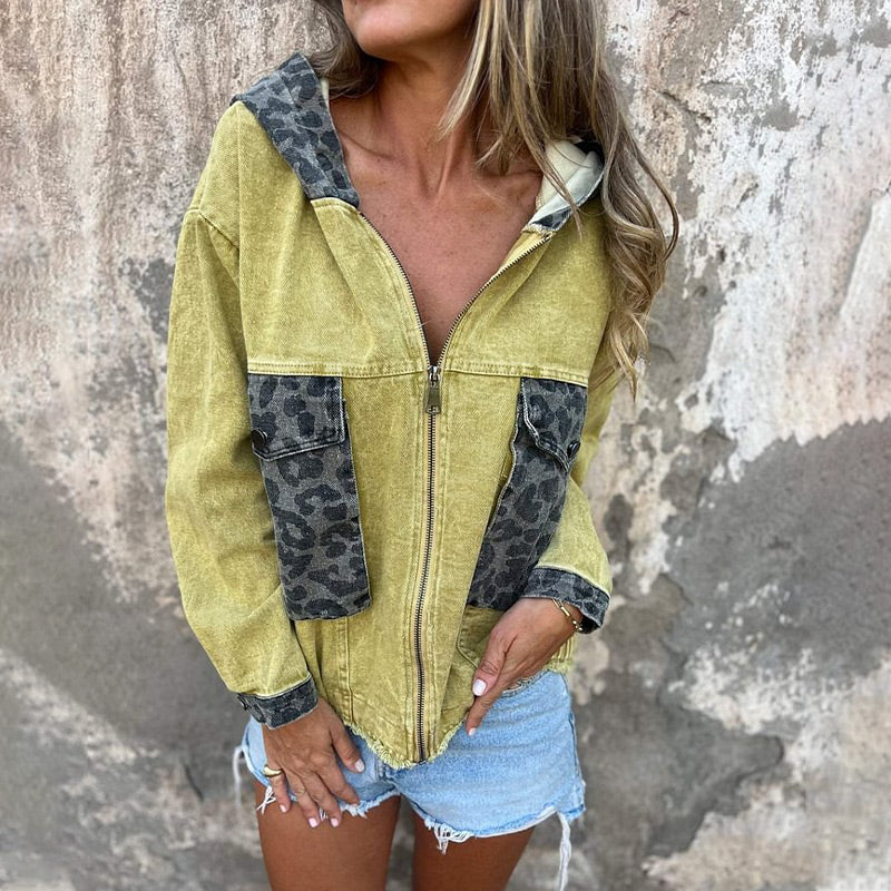 Women's Hooded Zip-Up Denim Jacket with Leopard Print