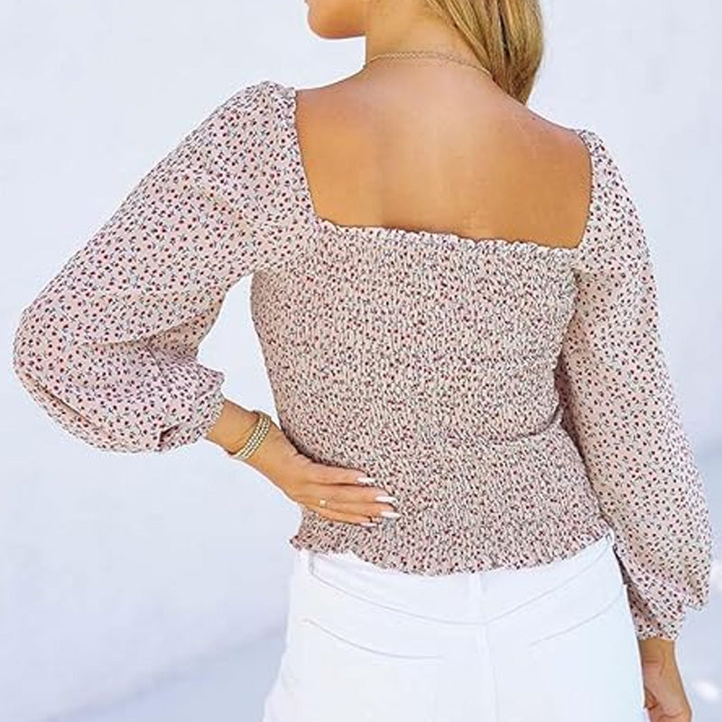 Women's Floral Print Square Neck Long Sleeve Top