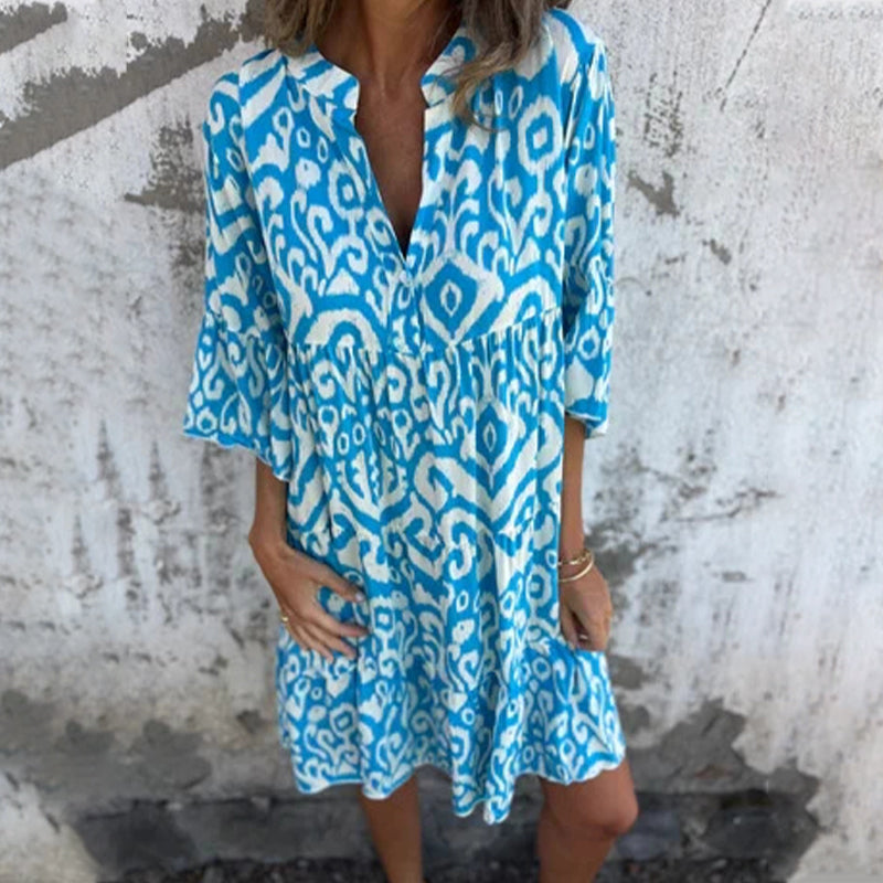 V-Neck Printed Three-Quarter Sleeve Dress