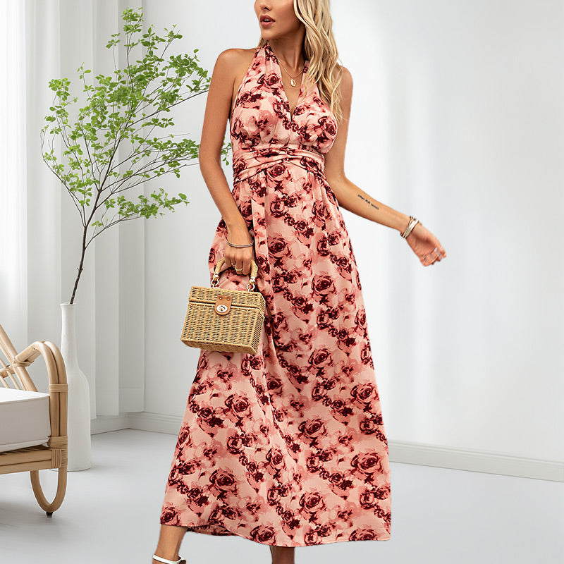 Women's Boho Floral Strap V Neck Halter Dress