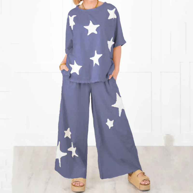 Women's Star Patch Short Sleeve Casual Two-Piece Set