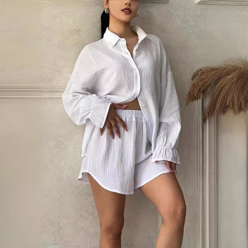 Women's Lapel Long Sleeve Shirt & High-Waisted Shorts 2-PCS Set