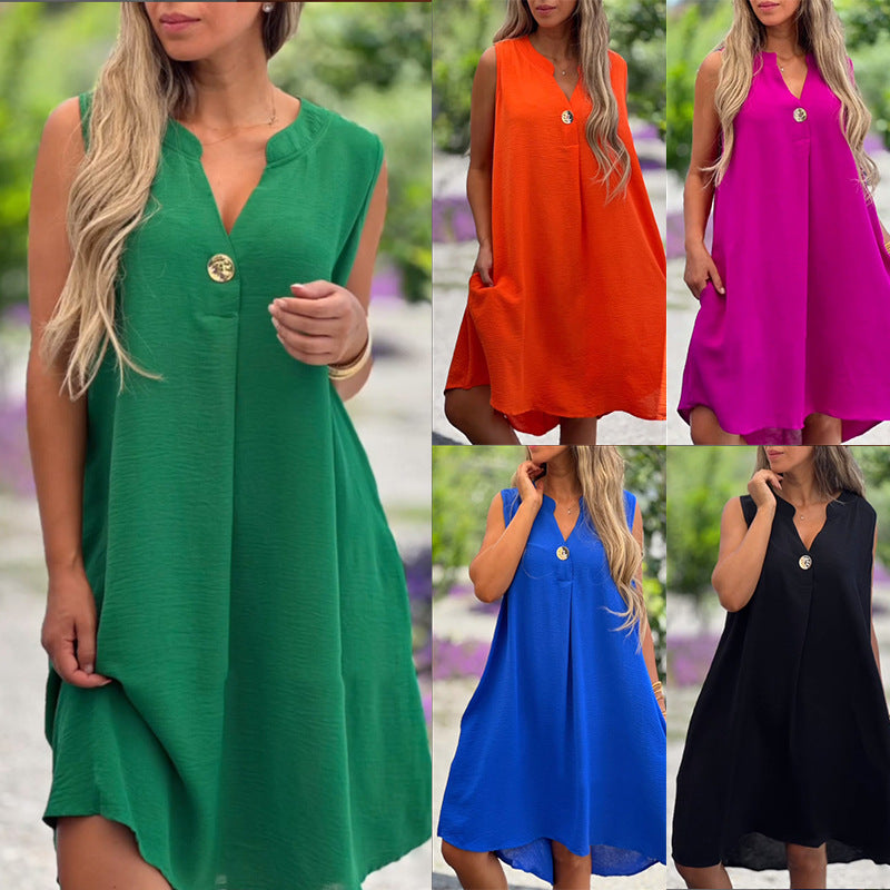 Solid Color Sleeveless V-Neck Dress with Button Decoration