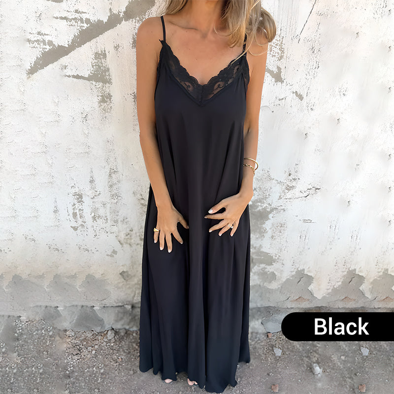 🎉Summer Hot Sale 49% OFF💃Women's Elegant Lace-Trim V-Neck Spaghetti Strap Maxi Dress